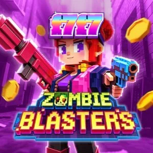 Tampilan visual permainan slot Zombie Blasters dengan latar belakang arcade retro